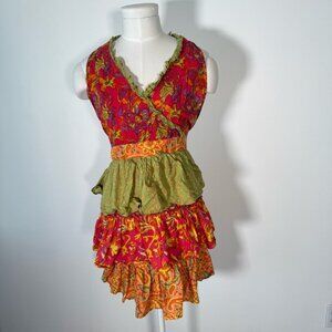 Pier 1 Imports 100% Cotton Ruffle Patchwork Red Orange Green Paisley Apron